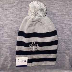 SPERRY OS Silver Navy Striped Metallic Lurex Embroidered Logo Pom Pom Hat
